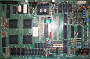 The Cobra arcade PCB featuring the 4 custom chips from the Flare One design and a Z80 Processor - Note the Chips at that stage had been mass produced by Texas Instruments. Click for a larger image